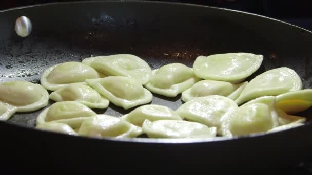 Cuisson des boulettes de perogi dans une poêle sur le four de la cuisinière — Video