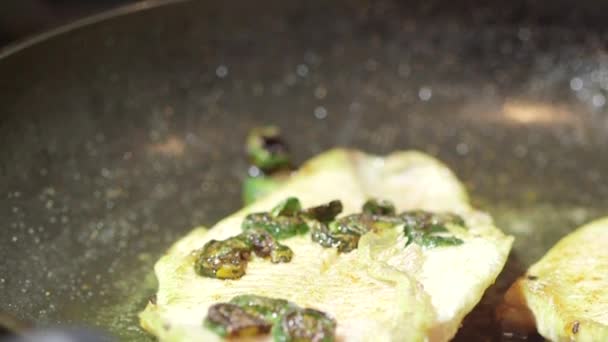 Cooking fish fillet in frying pan — Stock Video