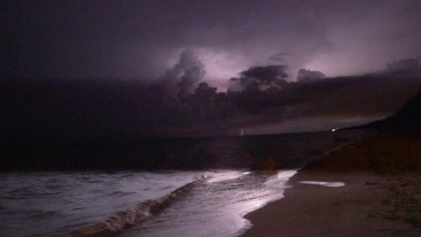Lightning storm at night along beach shoreline — Stock Video