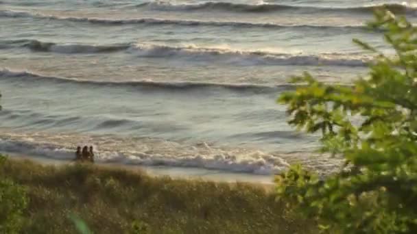 Захід сонця уздовж берега озера літній час — стокове відео