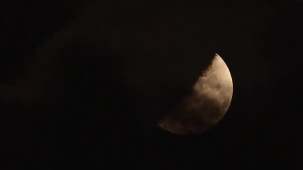 Dark evening sky with clouds moving past a half moon — Stock Video