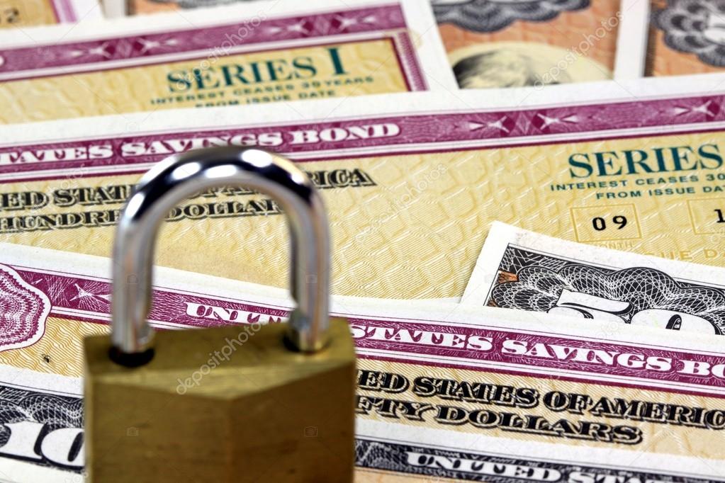 United States Savings Bonds with padlock - Financial security concept
