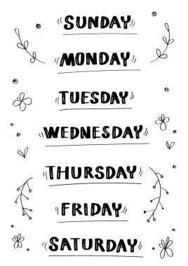 7 gün, Pazar, Pazartesi, Salı, Çarşamba, Perşembe, Cuma, Cumartesi beyaz arka planda küçük çiçekler, el yazısı, yazı tipi, yazı tipi, kaligrafi
