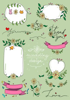 Düğün tasarımı, açık yeşil arka planda çiçekli klişe, el yazması, harf, el yazısı, el yazısı, dekorasyon, element, bohça, vektör