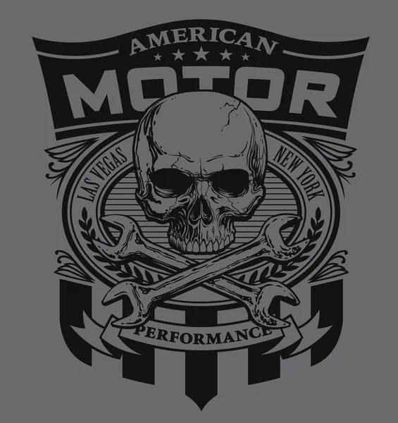 Motor cráneo escudo camiseta gráfico — Vector de stock
