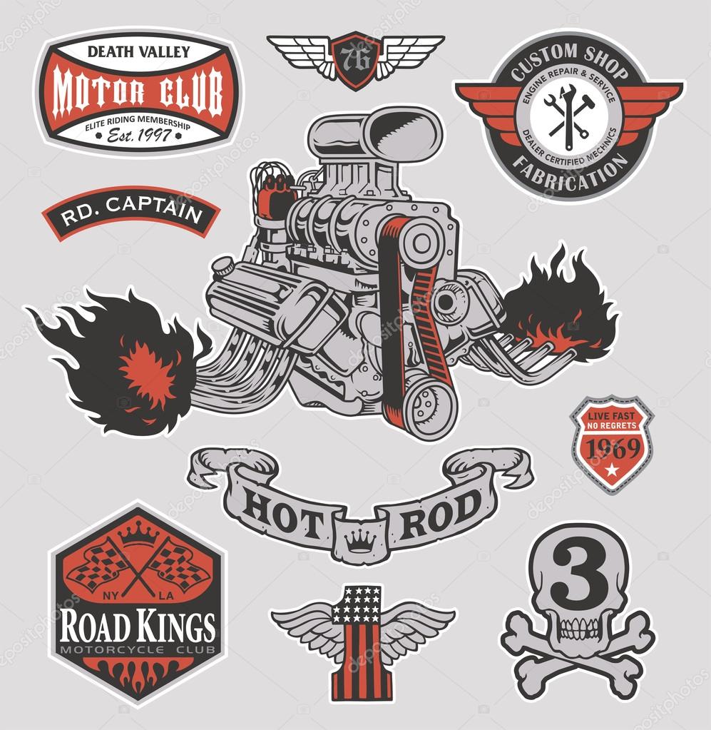 Retro style hot rod engine with coordinating graphic elements.