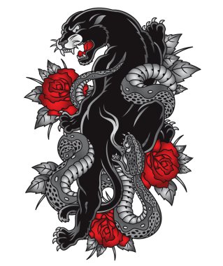 Panther snake roses tattoo graphic clipart