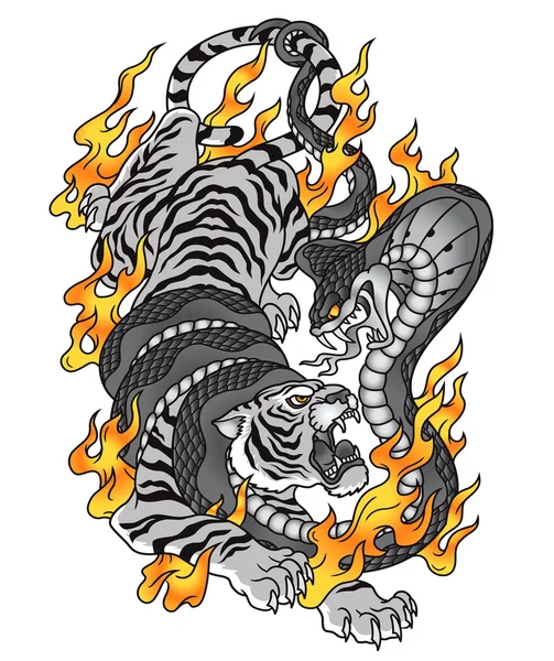 Tigre cobra feu tatouage graphique — Image vectorielle