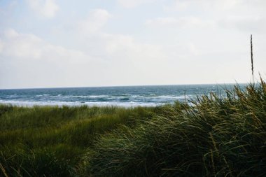 Blavand Danimarka 'nın kuzey denizindeki uçsuz bucaksız plajın izleri.