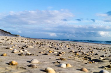 Blavand Danimarka 'nın kuzey denizindeki uçsuz bucaksız plajın izleri.