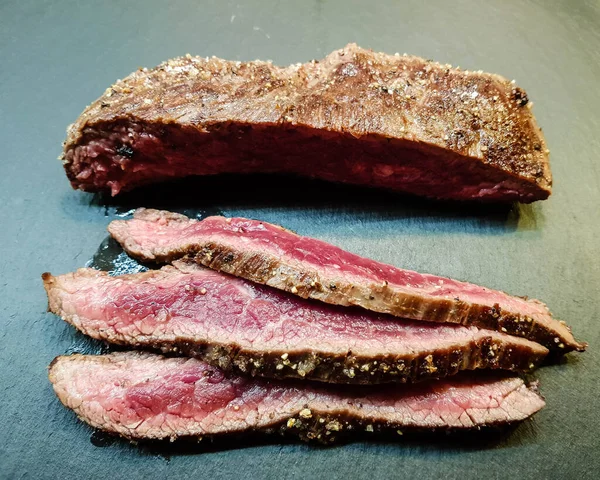 flank steak with forest mushrooms and fried potatoes