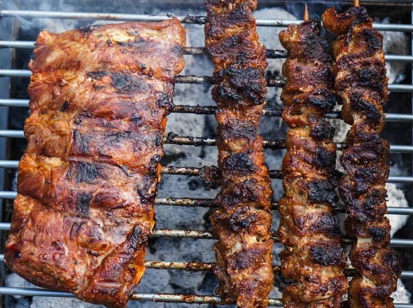 烤架上辣鸡腿和其他肉 — 图库照片