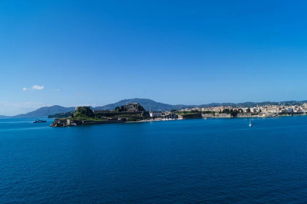 Cidade Corfu Cidade Velha Fortaleza Perspectiva Navio Cruzeiro — Fotografia de Stock