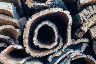 Bir yığın Portekiz kork meşesi kabuğu