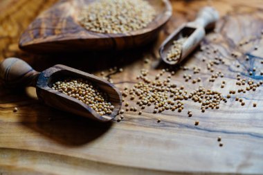 Hardal tohumları granum sinapis ve tahta kaşık.