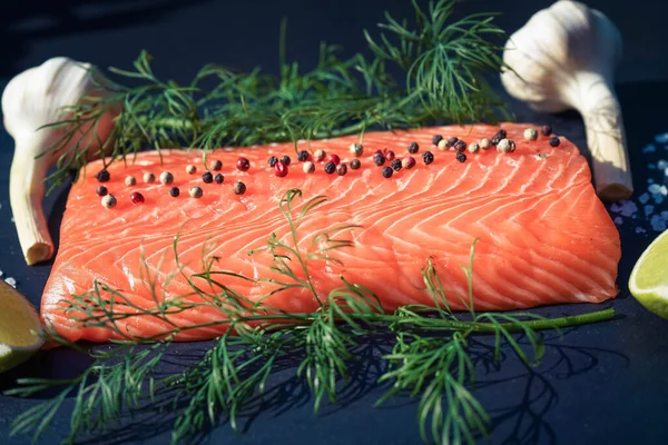 Bife Salmão Fresco Com Ervas Especiarias — Fotografia de Stock