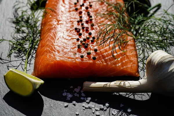 Salmon Steak Segar Dengan Rempah Rempah Dan Rempah Rempah — Stok Foto