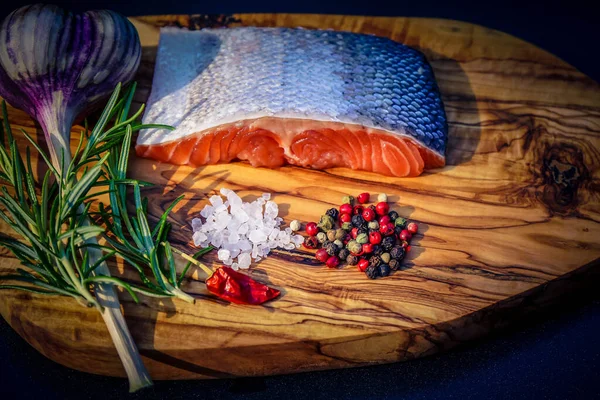 Fresh Salmon Trout Fillet Herbs Spices Salad Bbq — Stock Photo, Image