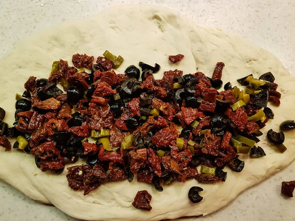 Pain Méditerranéen Fait Maison Avec Poivre Olives Tomate — Photo