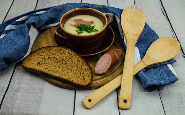 Sopa Creme Espargos Com Camarões Pão Alho — Fotografia de Stock
