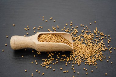 Hardal tohumları granum sinapis ve tahta kaşık.