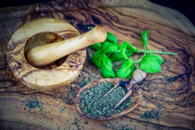 Taze ve taze fesleğen zeytin ağacında