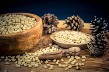 Sedir konileri ve zeytin ağacında fındıklar