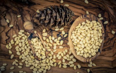 Sedir konileri ve zeytin ağacında fındıklar