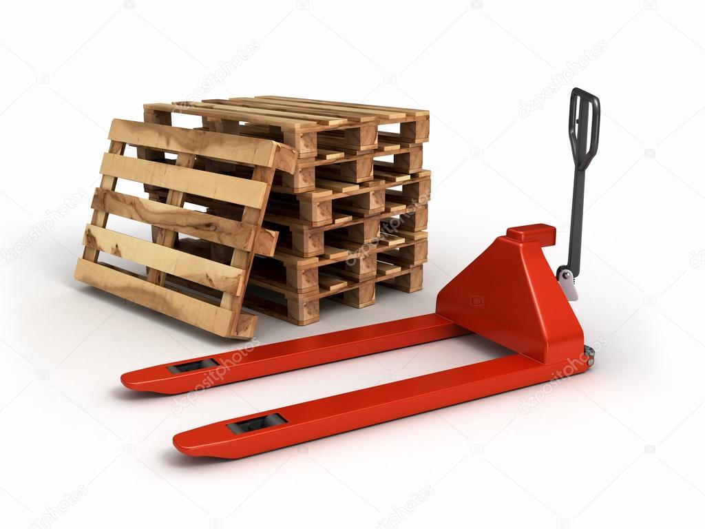 pedestrian stacker for pallets and pallets lying near isolated on white background