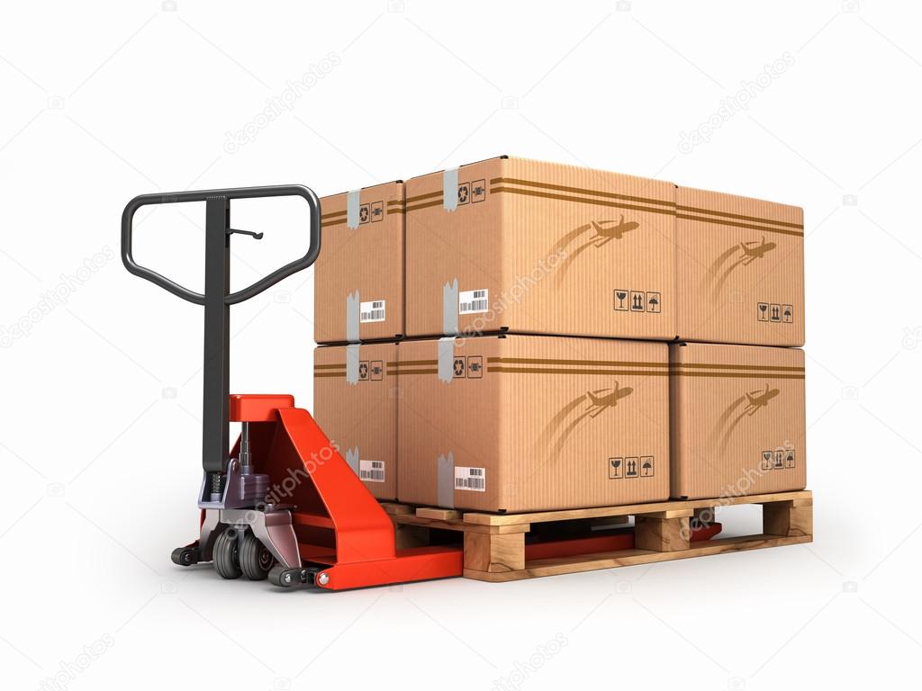 Hand pallet truck carries a pallet with boxes are isolated on a Stock