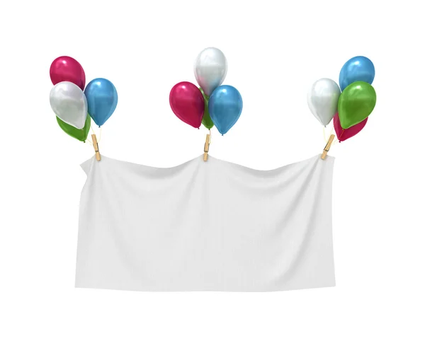 Wit textiel banner met hart ballonnen — Stockfoto