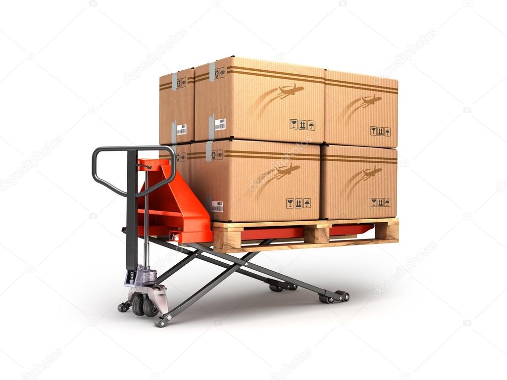 Hand pallet truck carries a pallet with boxes are isolated on a 