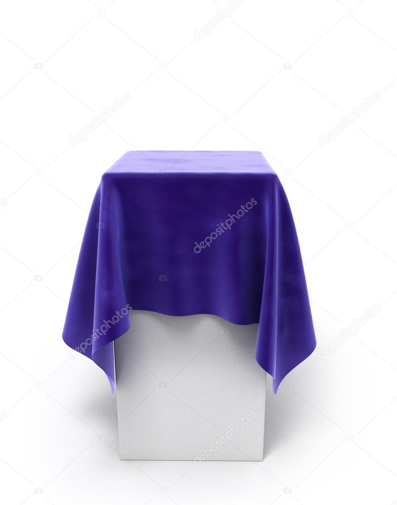 blue velor cloth on a square pedestal isolated on white