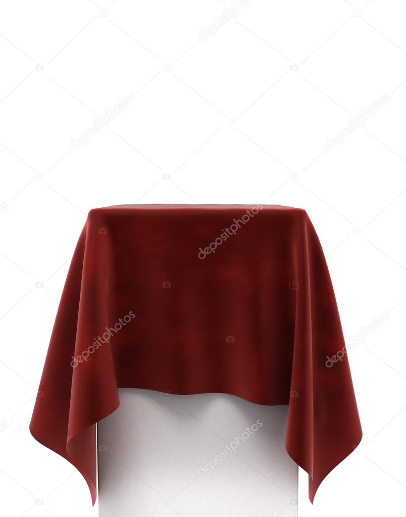 red velor cloth on a square pedestal isolated on white