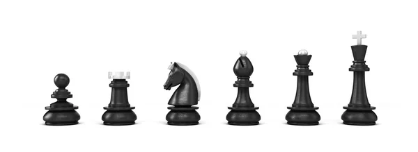 Satz schwarzer Holzschachfiguren isoliert auf weißem Hintergrund — Stockfoto
