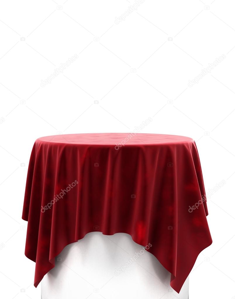 Red velvet cloth on a round pedestal isolated on white