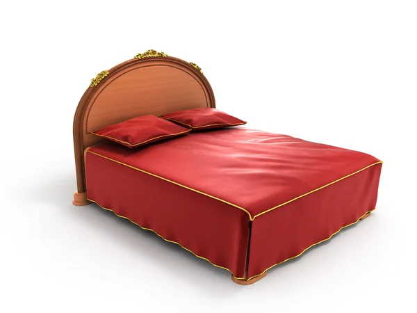Ljust trä säng med en röd säng isolerad på vit bakgrund — Stockfoto