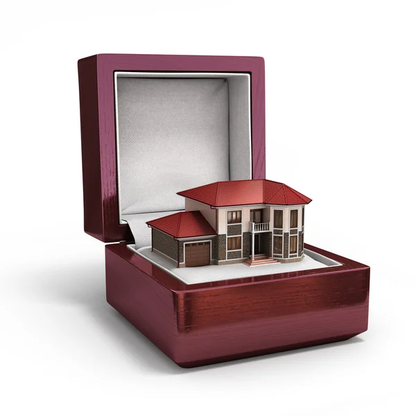 Dárková krabička s domem. koncept Real estate. 3D — Stock fotografie