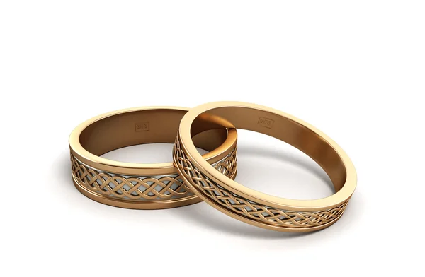 3d renderizar anéis de casamento de ouro gravado isolado no branco — Fotografia de Stock