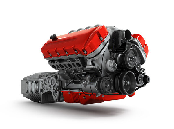 сборка коробки передач с автомобильным двигателем изолирована на белом бэкгре
