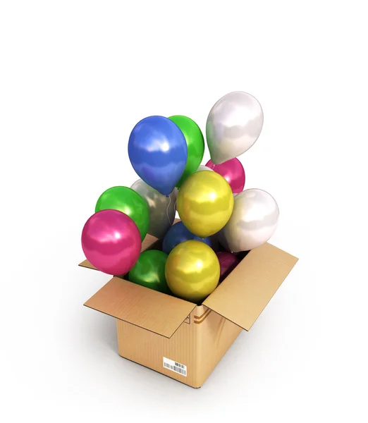 Bolas de colores en una caja de cartón para entregas aisladas en whit — Foto de Stock