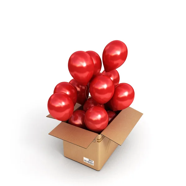 Bolas rojas en una caja de cartón para entregas aisladas en ba blanca — Foto de Stock