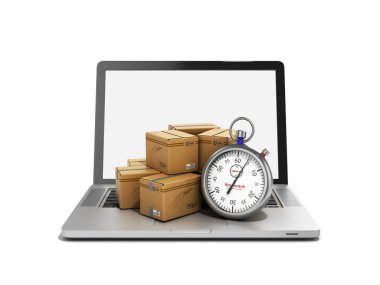 kutusu ve izole beyaz kavramı üzerinde bir dizüstü bilgisayar üzerinde duran kronometre