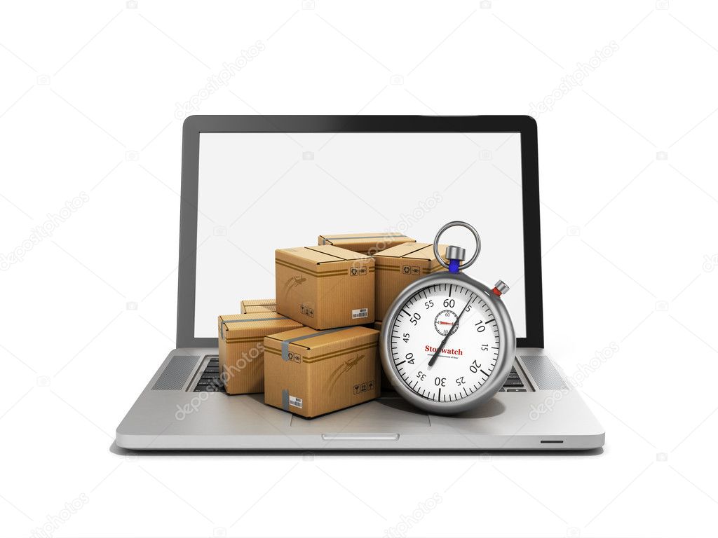 box and stopwatch standing on a laptop isolated on white concept