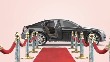 Olaylar için kırmızı halı kameradan lüks araba 3d renk eğimine göre hazırlanır