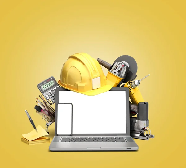 online calculation of construction costs building supplies next to a laptop with a blank screen 3d render on yellow gradient
