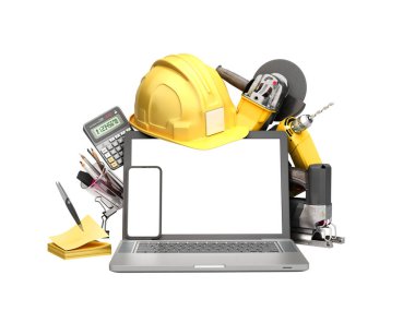 Online hesaplama, inşaat maliyetleri inşaat malzemeleri boş ekran 3D görüntülü bir dizüstü bilgisayarın yanında gölgesiz