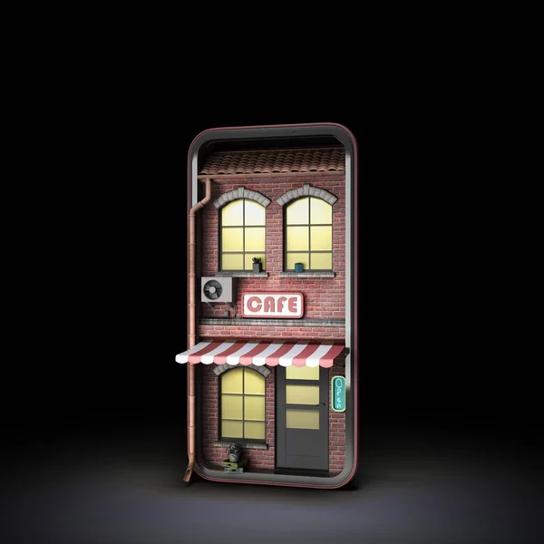 cafe in the phone screen concept of online ordering food viewing the menu from home 3d render