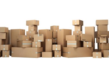 Karton kutular palet teslimatı ve ulaşım lojistik depolama 3D görüntüyü beyaza yansıtır gölgesi yoktur