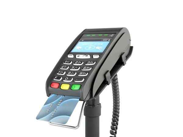 非接触式支付信用卡通过终端3D渲染白色 — 图库照片